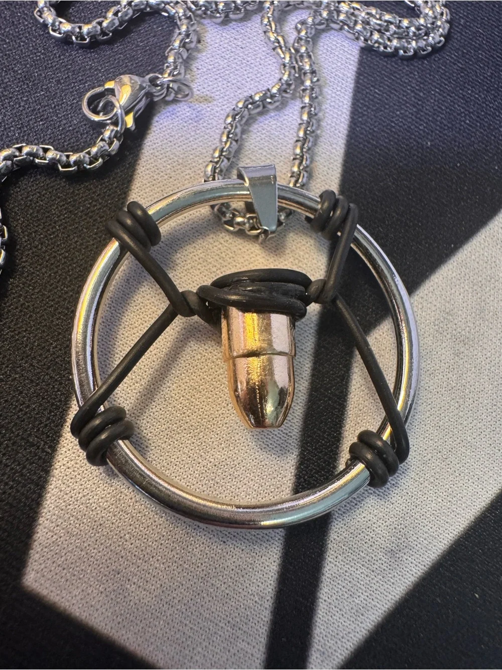 Cyberpunk Black and Silver Bullet Ring Pendant Necklace